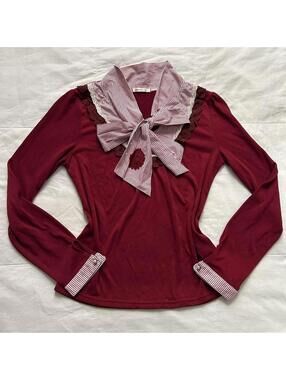 Axes Femme Cherry Red Bow Blouse Long Sleeve Lolita Preppy M Japan